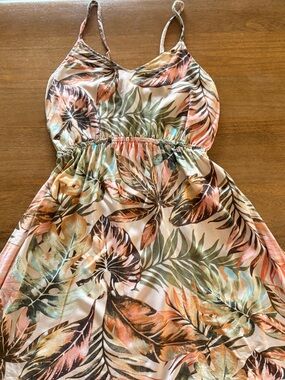 Tropical Leaf Print Spaghetti Strap woman’s Dress - Peach orange,Green and brown